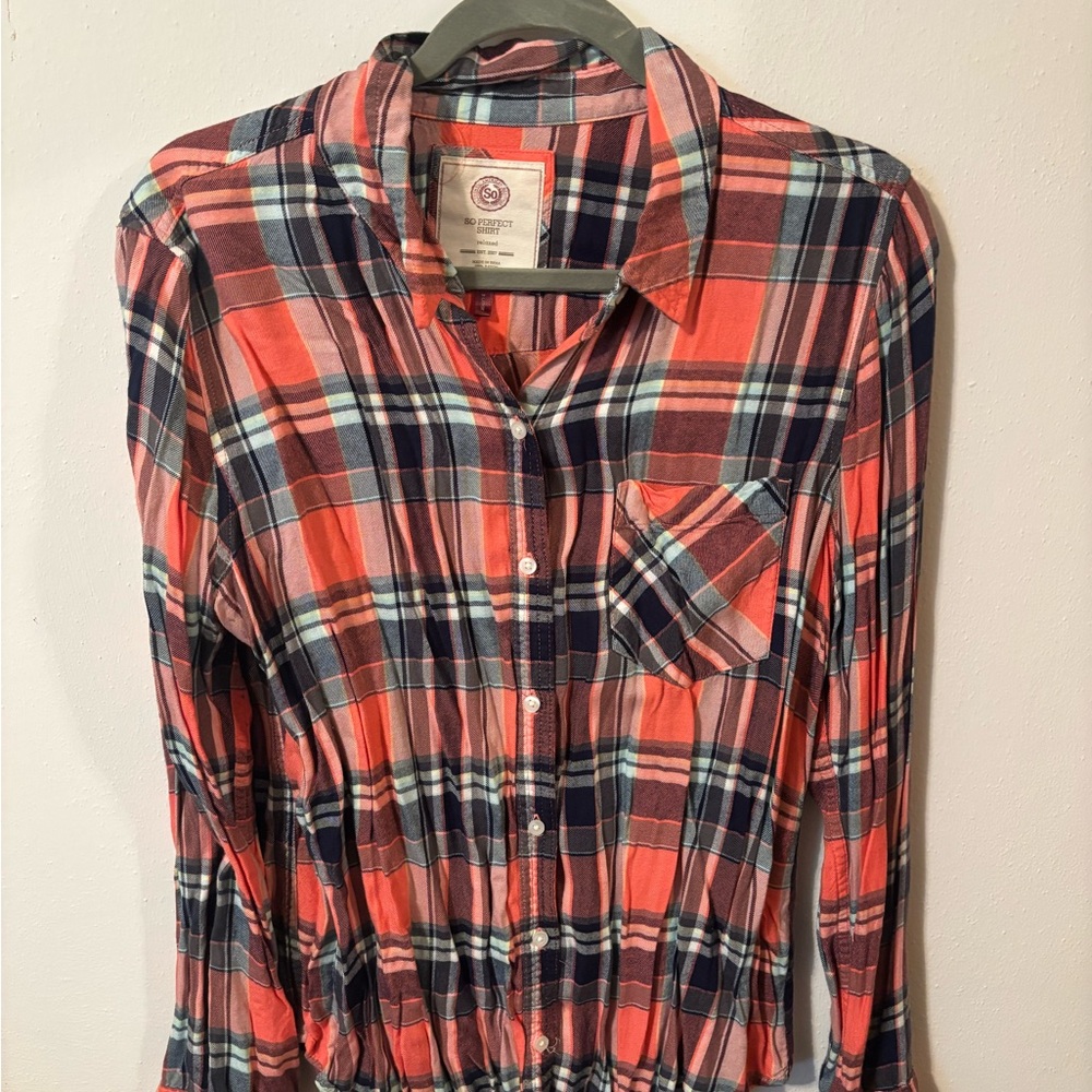 SO Women's Plaid Button Down Shirt - Red and Blue